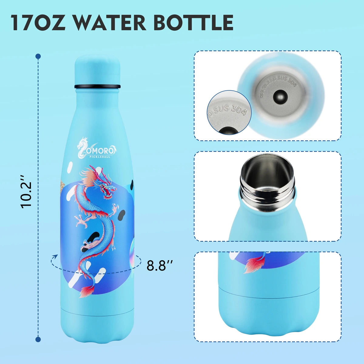 Stainless Steel Water Bottle 17 oz 500ml Blue Dragon Design Insulated for Hot and Cold Drinks BPA-Free Double Layer Vacuum